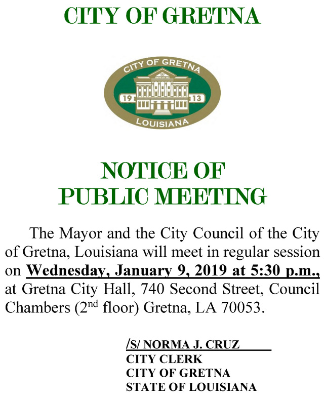 Public Notice - Regular Council Meeting 1/9/2019 at 5:30 PM