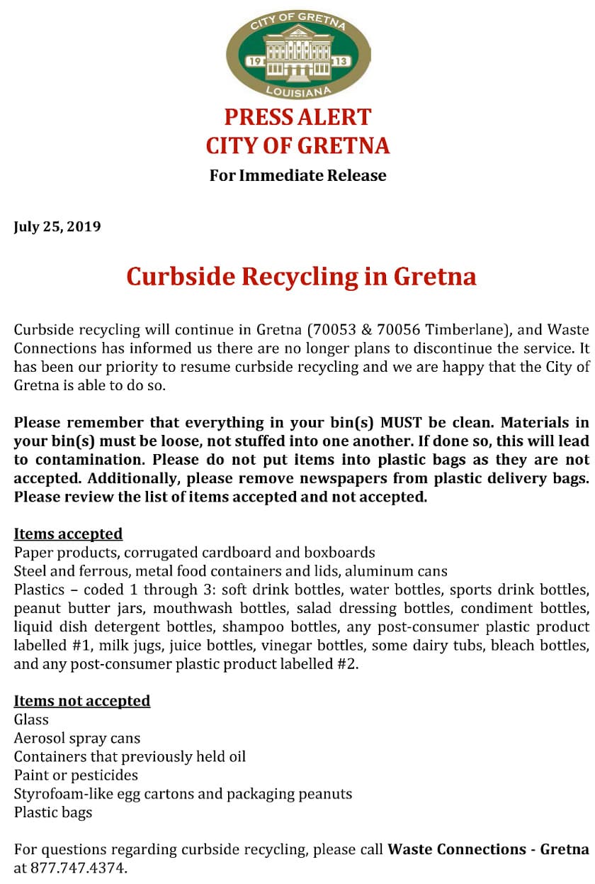 Curbside Recyling Continuing in Gretna 70053 & 70056 (Timberlane)
