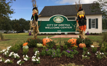 Fall decorations on display at the Gretna tourism center.