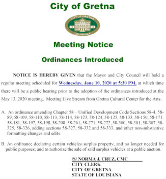 Meeting Notice June 10, 2020 Regular Meeting to Adopt Resolutions Introduced at the May 13, 2020 City Council Meeting