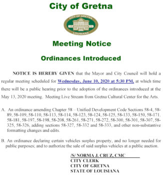 Meeting Notice June 10, 2020 Regular Meeting to Adopt Resolutions Introduced at the May 13, 2020 City Council Meeting