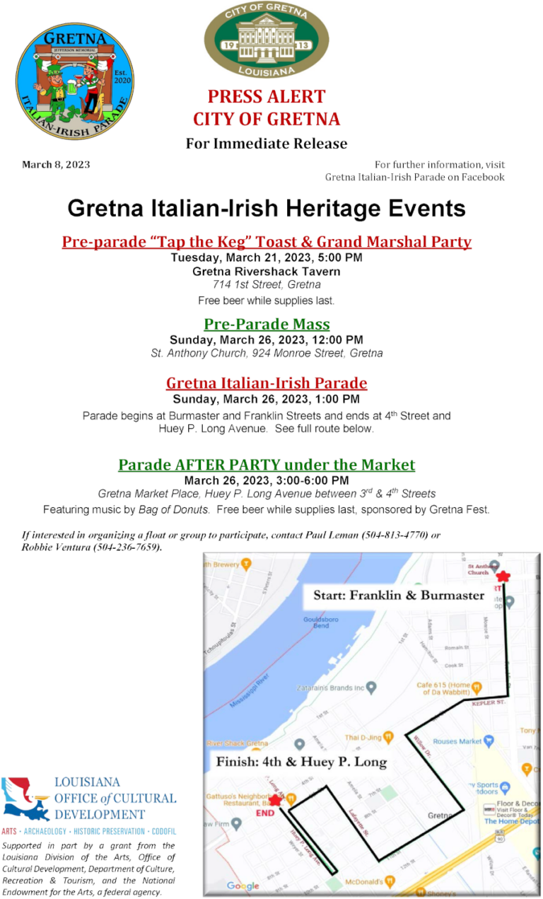 Gretna ItalianIrish Parade and Heritage Events March 2126, 2023