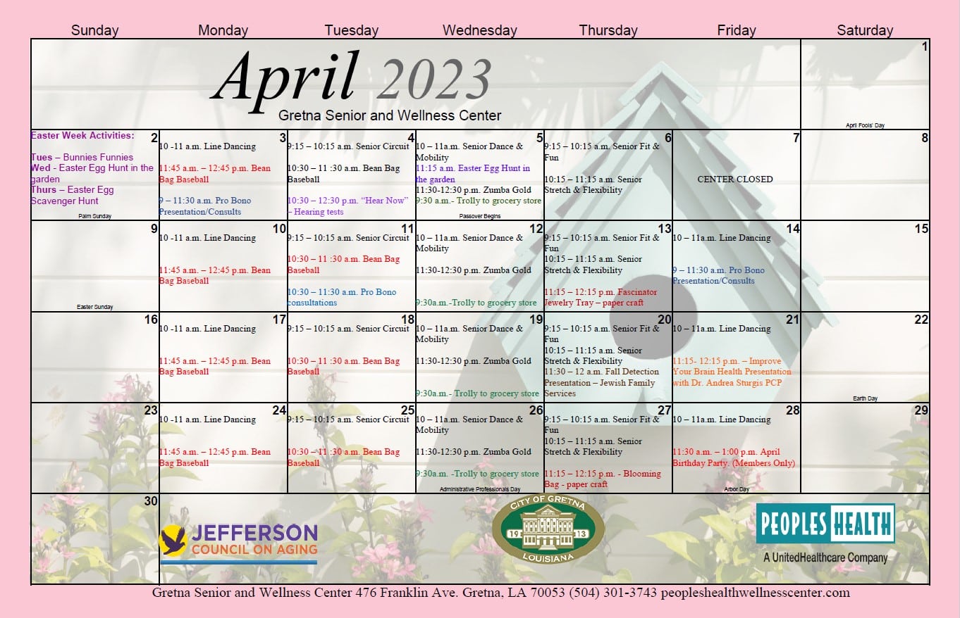 Gretna Senior Center Calendar of Events for April City Of Gretna