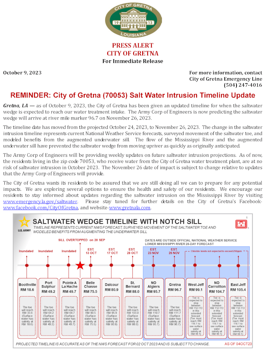 Press release regarding salt water intrustion