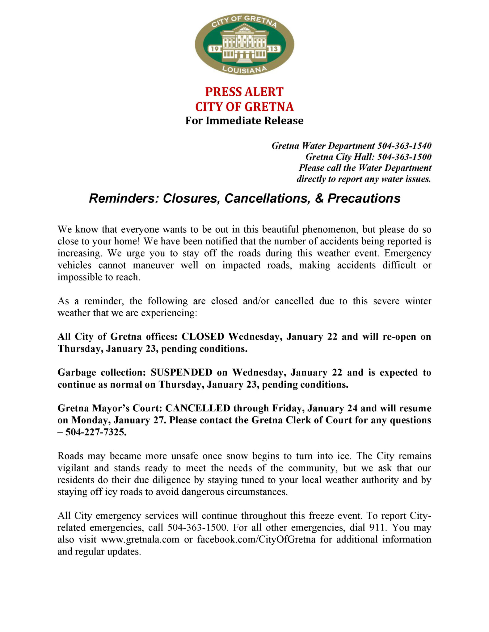 Reminders: Closures, Cancellations, &amp; Precautions - City Of Gretna 